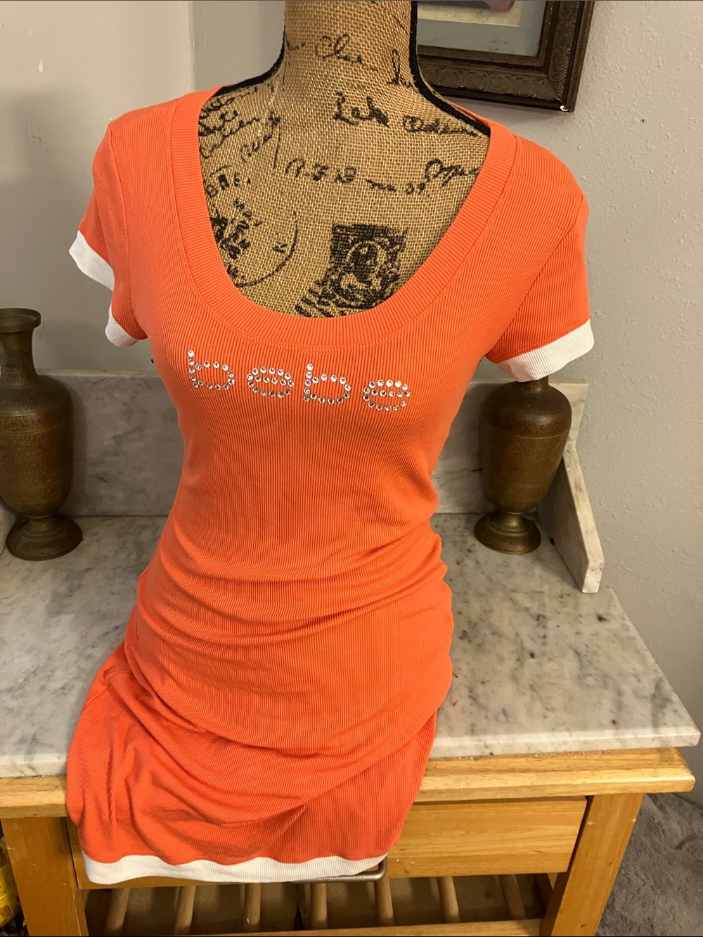 bebe Orange Scoop Neck Ribbed Tee Dress with White Trim and Crystal Logo